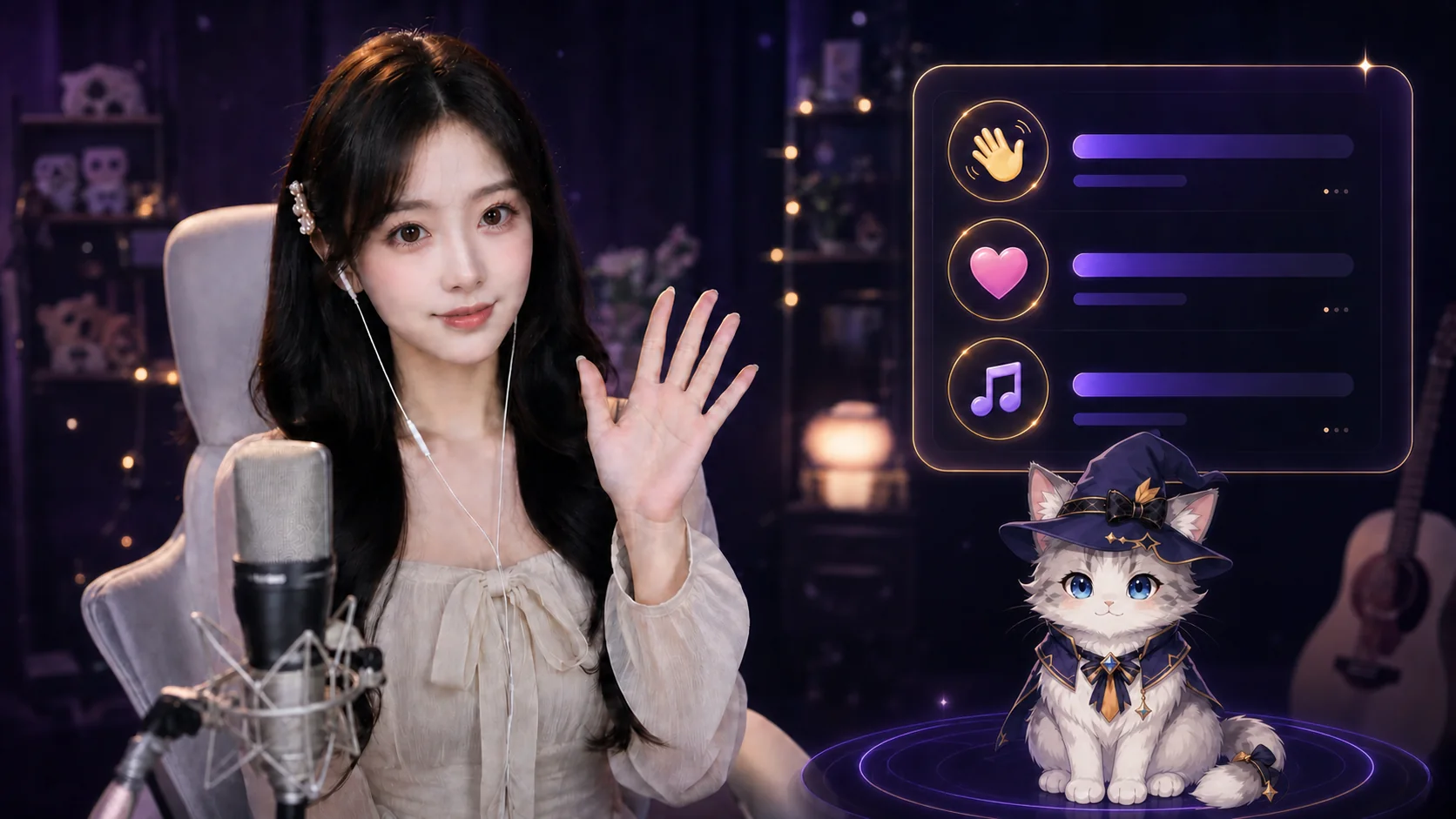 真人主播直播时由蓝金白猫 AI 搭子进行互动