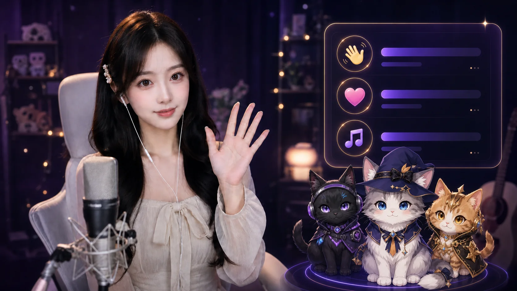 真人主播直播与 Live2D 猫搭子示例